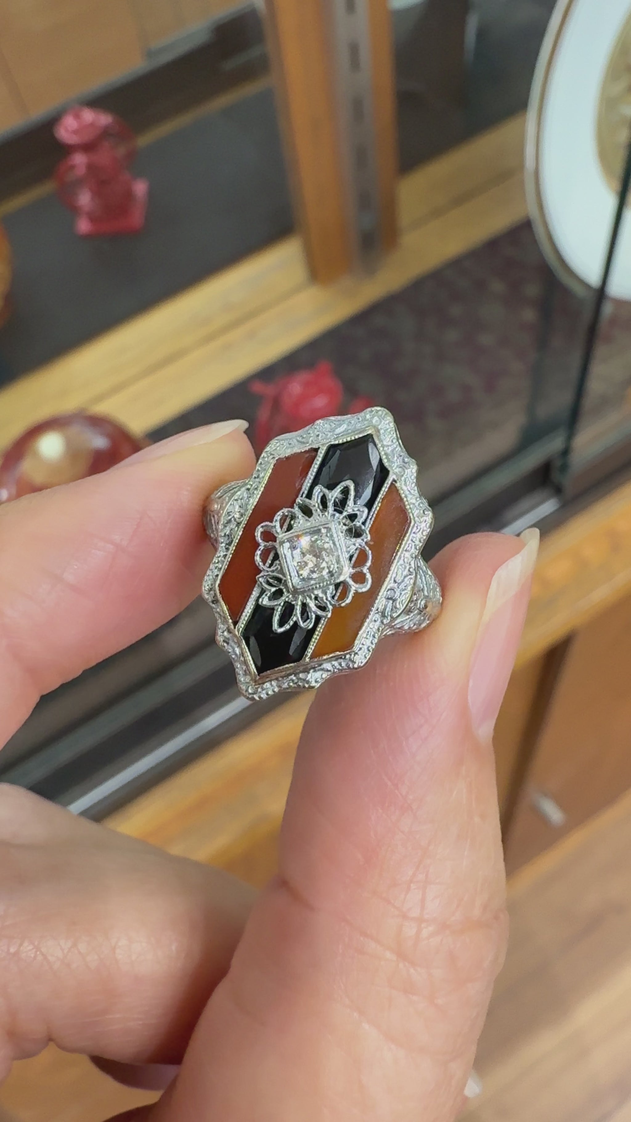 Antique 1925 Art Deco Carnelian and Onyx Diamond Filigree Ring 14k White Gold