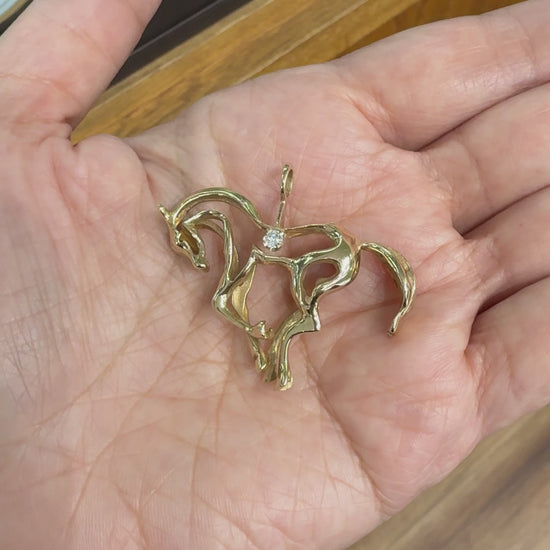 1970's 3D Diamond Horse Pendant 14k Yellow Gold
