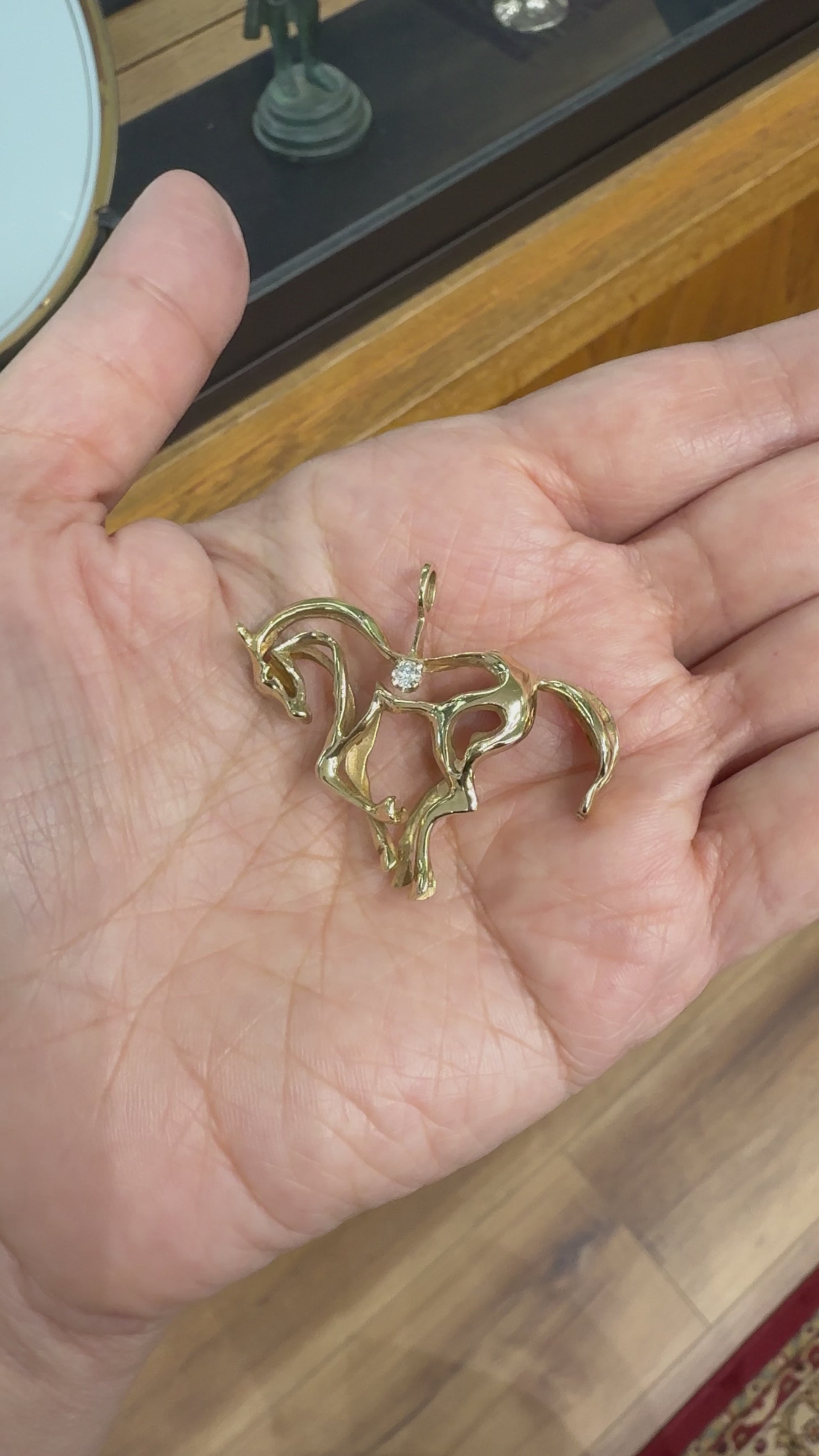 1970's 3D Diamond Horse Pendant 14k Yellow Gold
