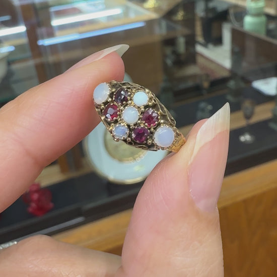 Antique 1880's Victorian Opal and Garnet Ring 15k Gold