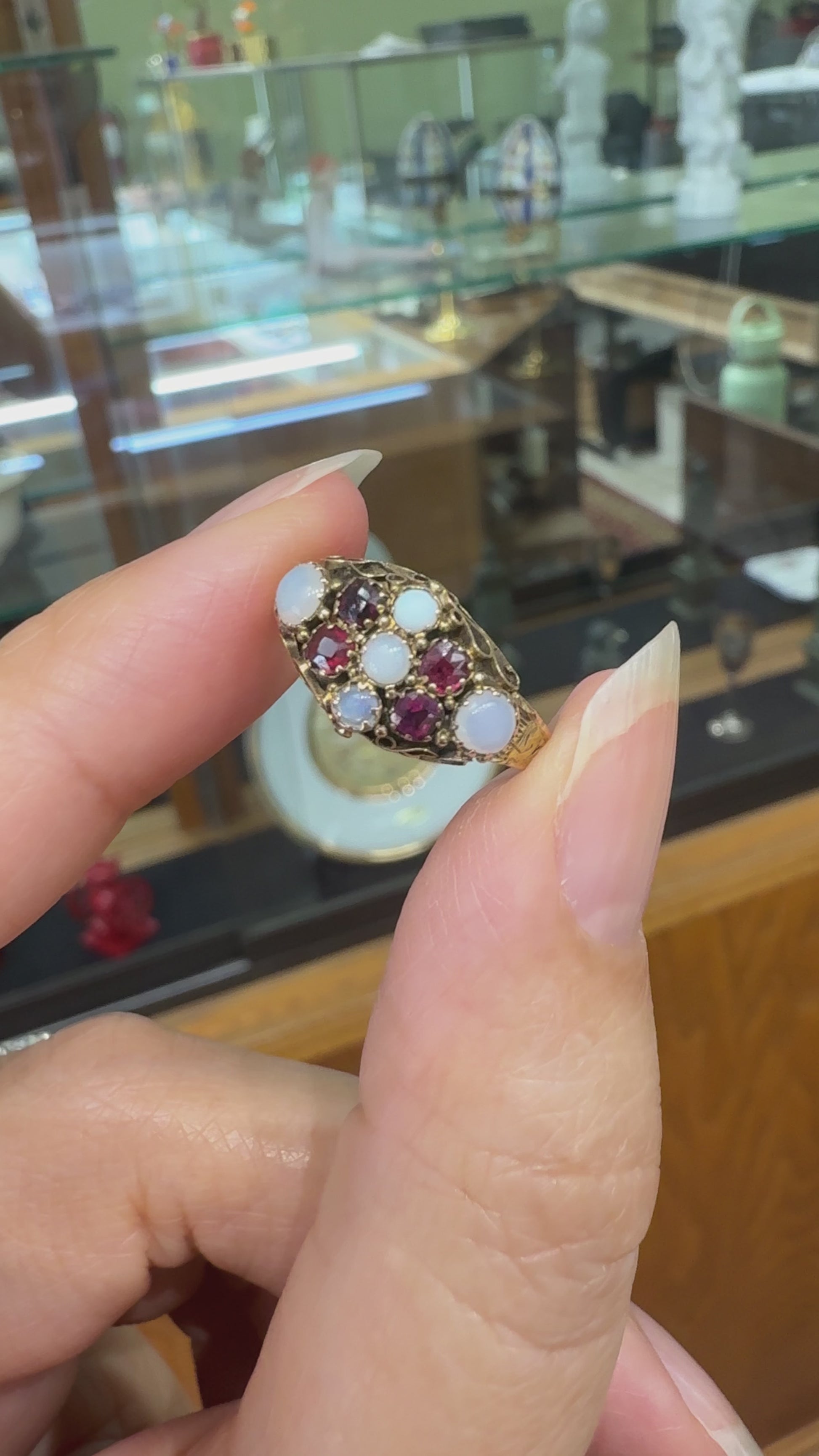 Antique 1880's Victorian Opal and Garnet Ring 15k Gold