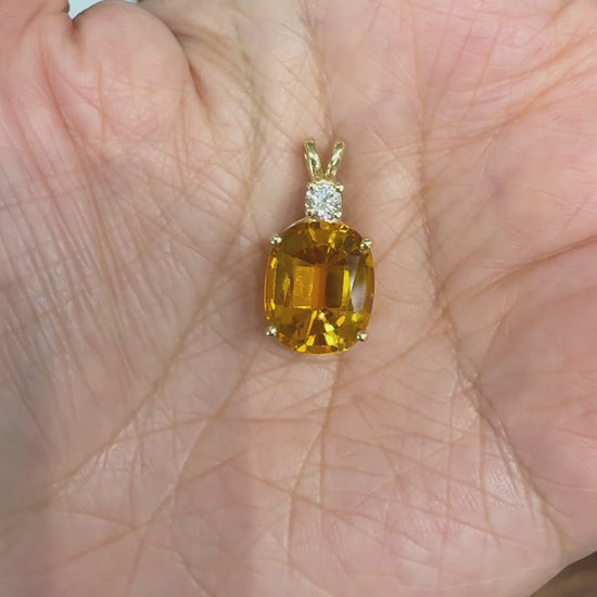 Vintage Lab Grown Orange Sapphire and Diamond Pendant 14k Yellow Gold