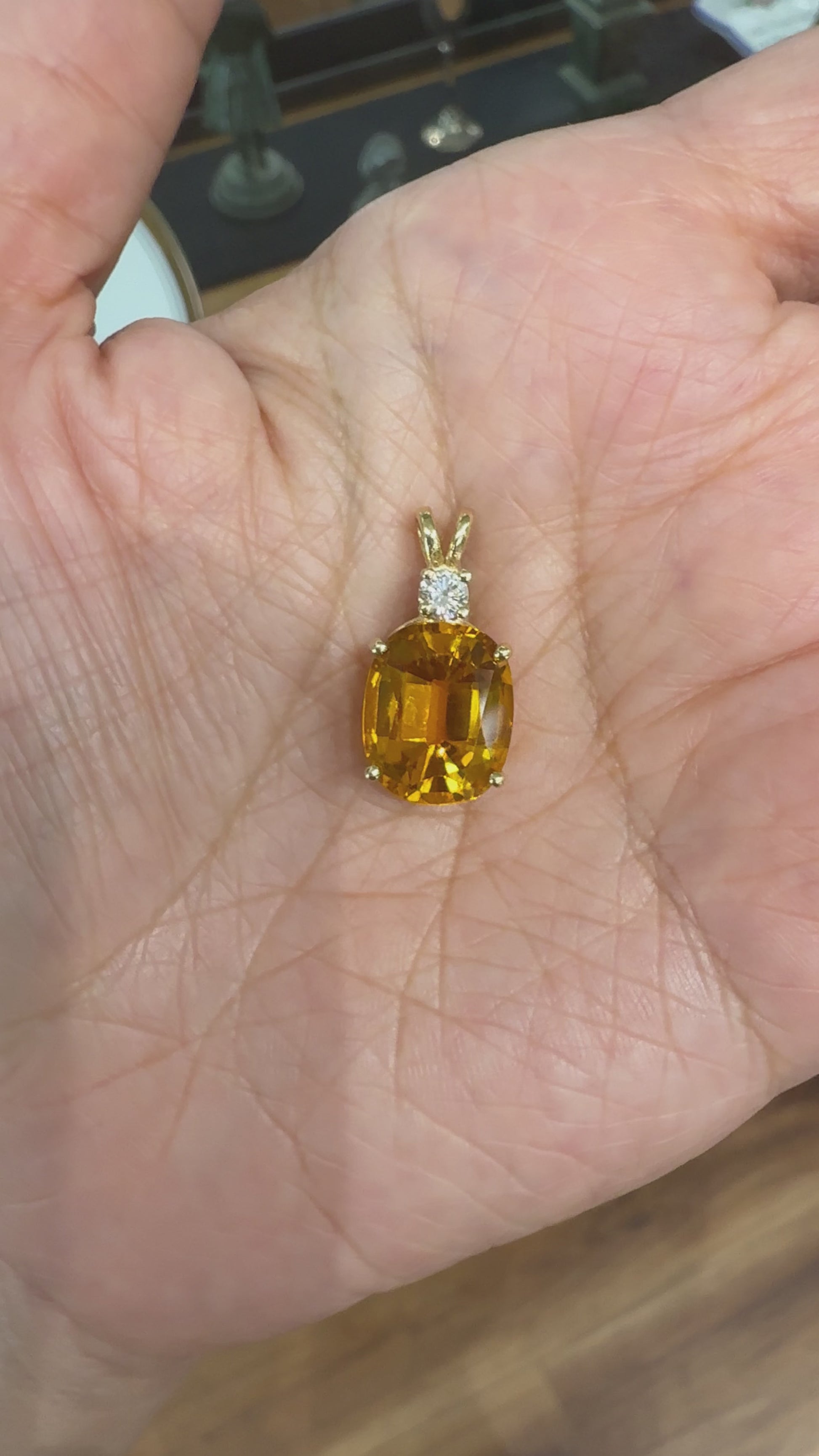 Vintage Lab Grown Orange Sapphire and Diamond Pendant 14k Yellow Gold