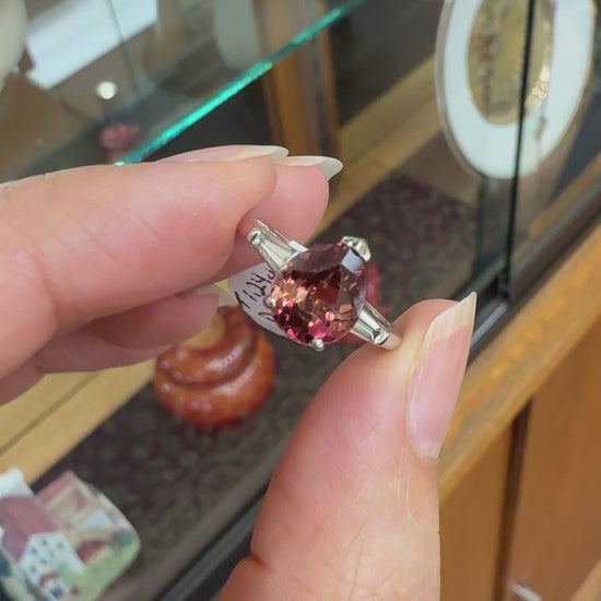 Vintage Pink Tourmaline Pear and Diamond Baguette Ring Platinum