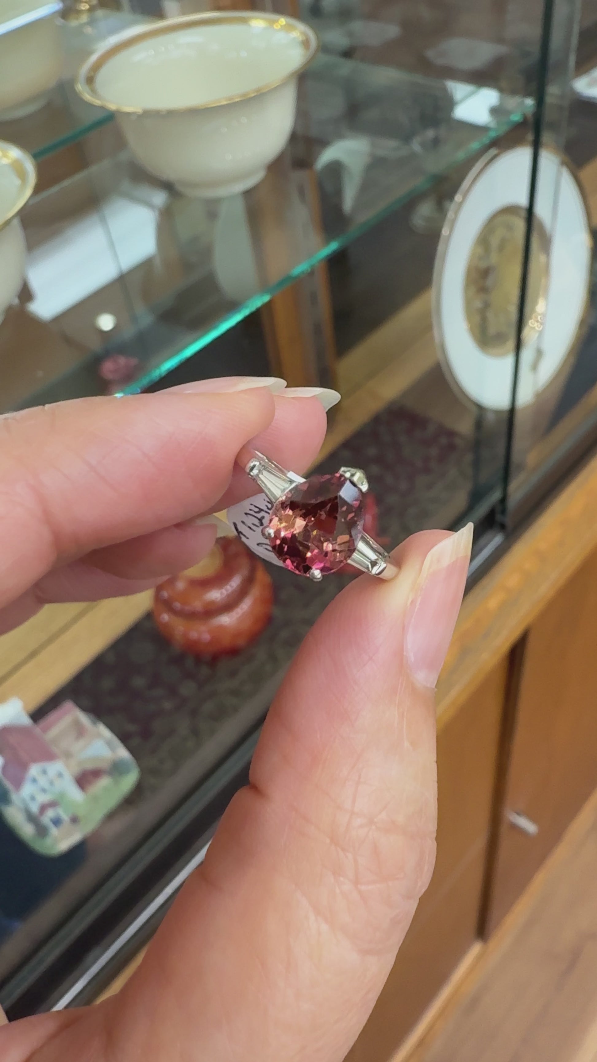 Vintage Pink Tourmaline Pear and Diamond Baguette Ring Platinum