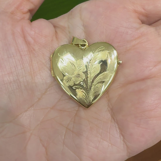 Vintage Large Iris Flower Heart Locket Pendant 14k Yellow Gold