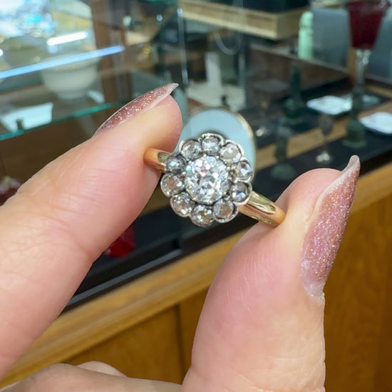 Antique Old Cut Diamond Cluster Flower Ring Silver/14k Yellow Gold