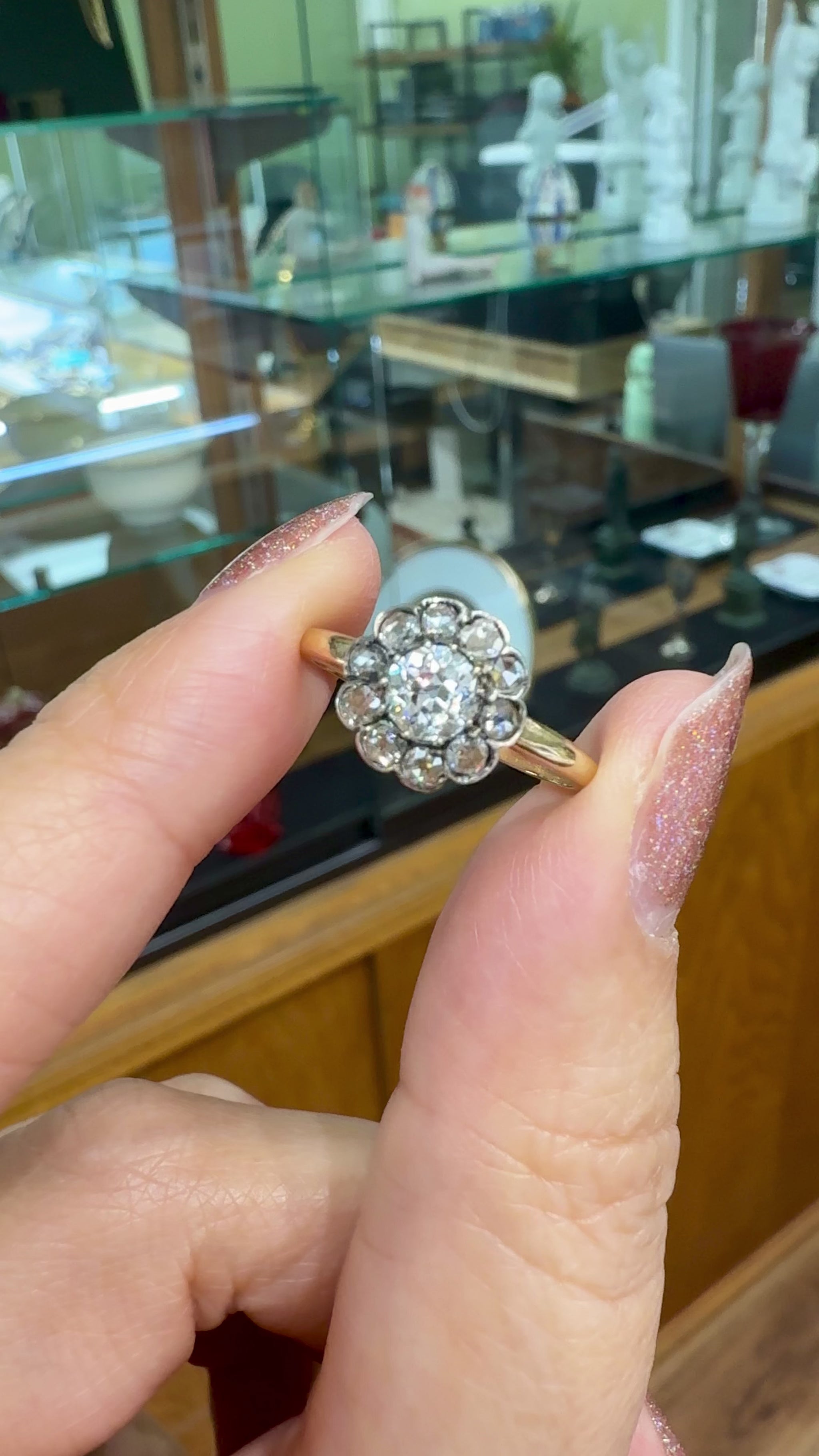 Antique Old Cut Diamond Cluster Flower Ring Silver/14k Yellow Gold