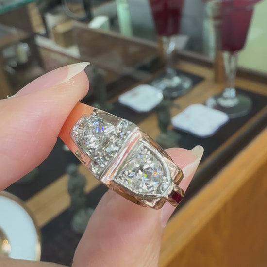 1940's Retro Old European Cut Diamond and Ruby Ring 14k Rose Gold