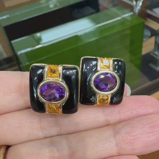 Vintage Onyx Amethyst and Citrine Earrings 14k Yellow Gold