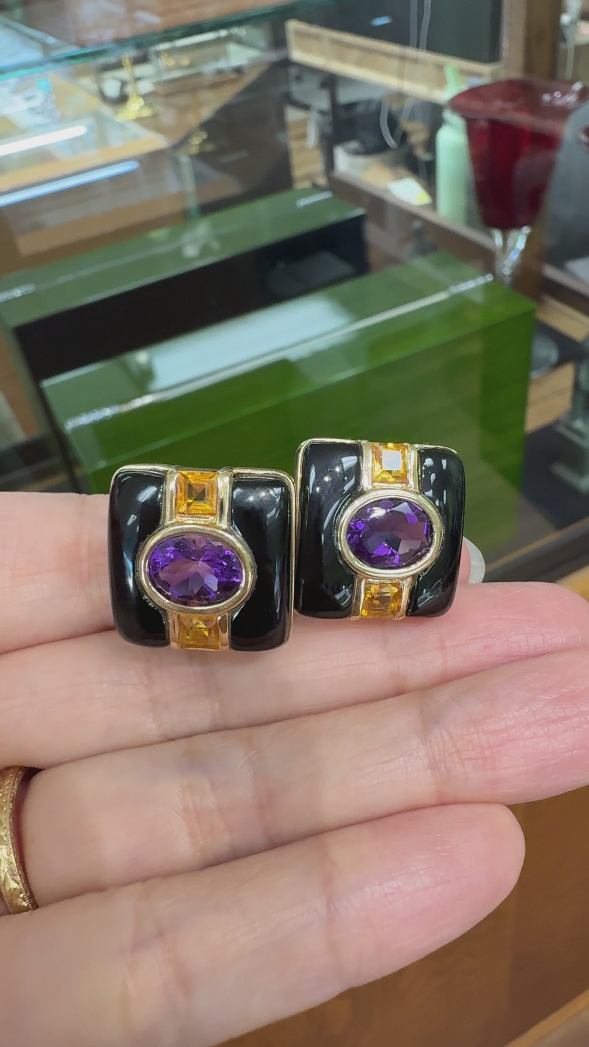 Vintage Onyx Amethyst and Citrine Earrings 14k Yellow Gold