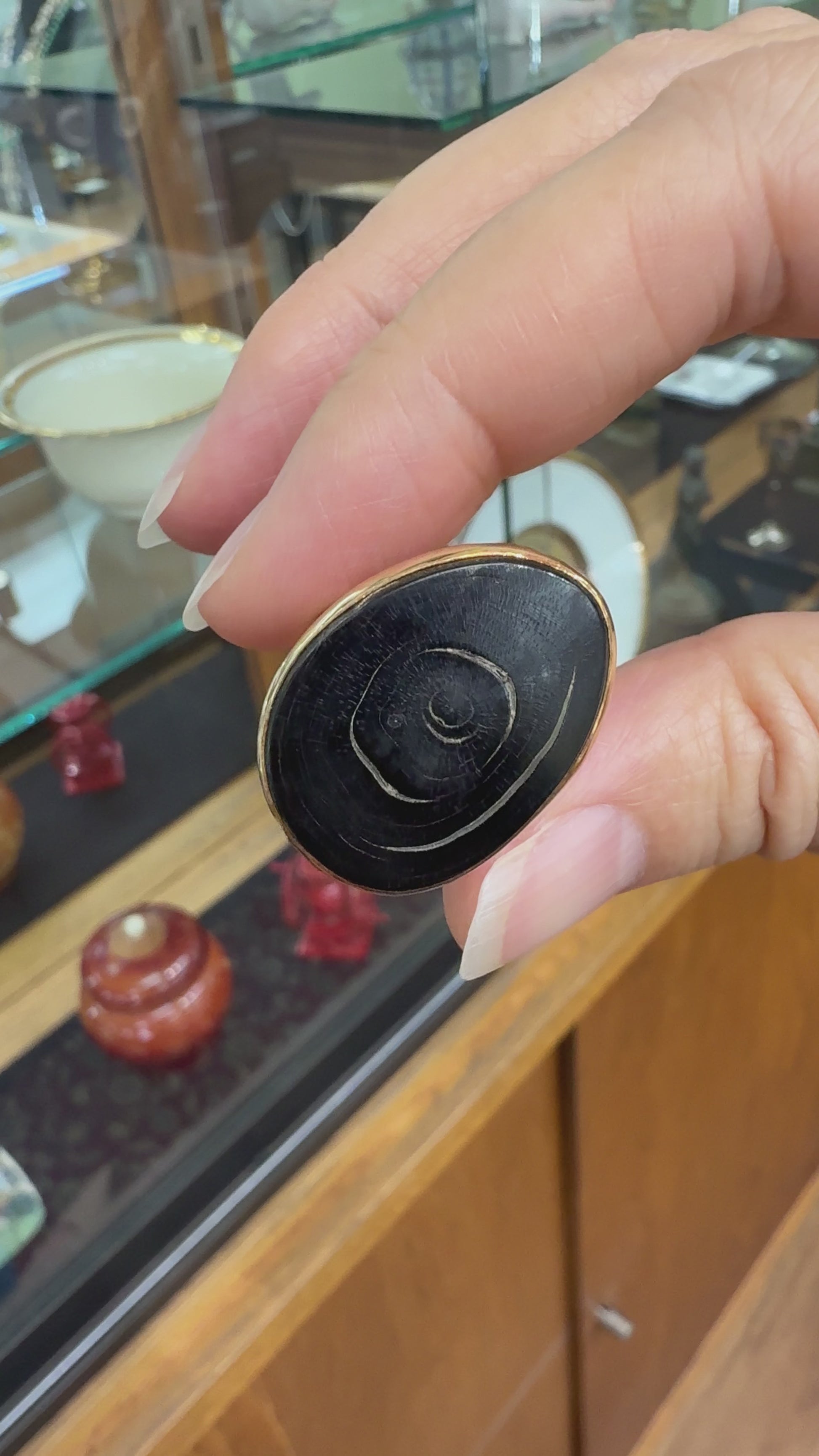 Hawaiian Black Coral Slice Ring 14k Yellow Gold
