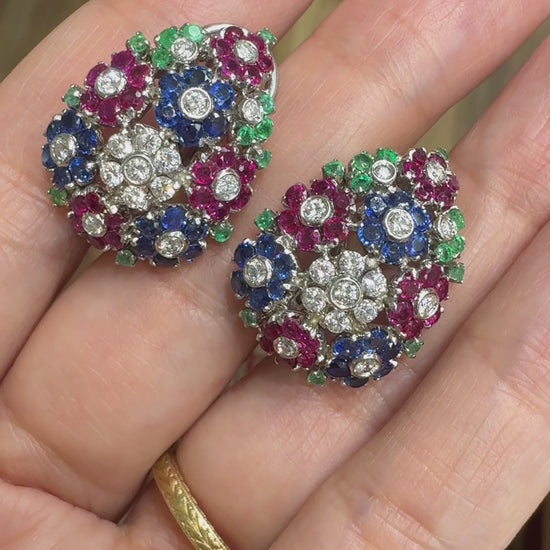 1950's Emerald Ruby Sapphire and Diamond Flower Clip On Earrings 18k White Gold