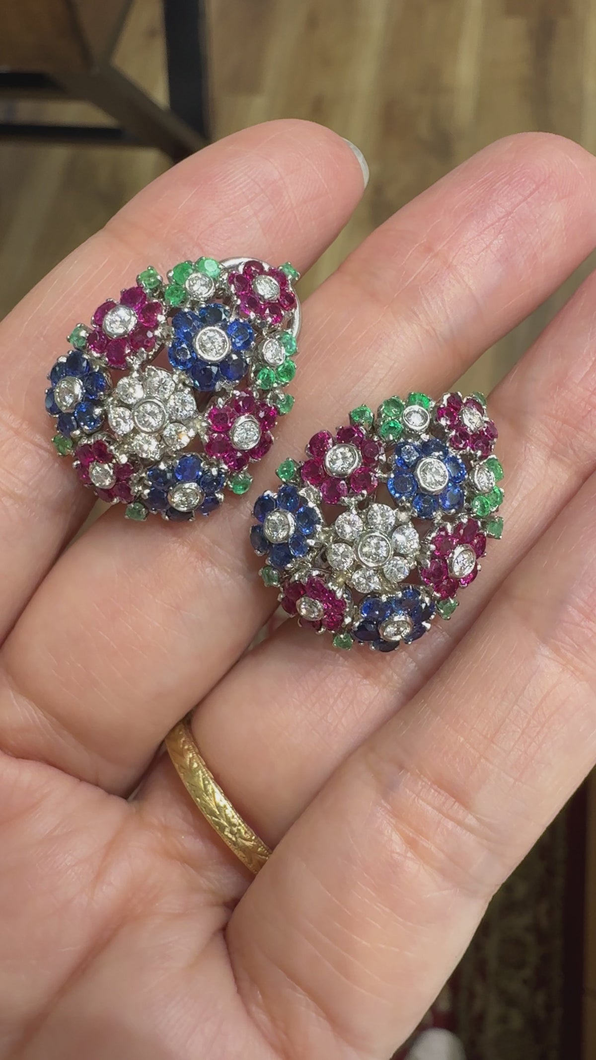 1950's Emerald Ruby Sapphire and Diamond Flower Clip On Earrings 18k White Gold