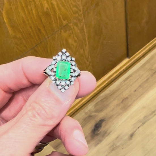 Vintage Emerald and Diamond Ring Silver and 14k Yellow Gold