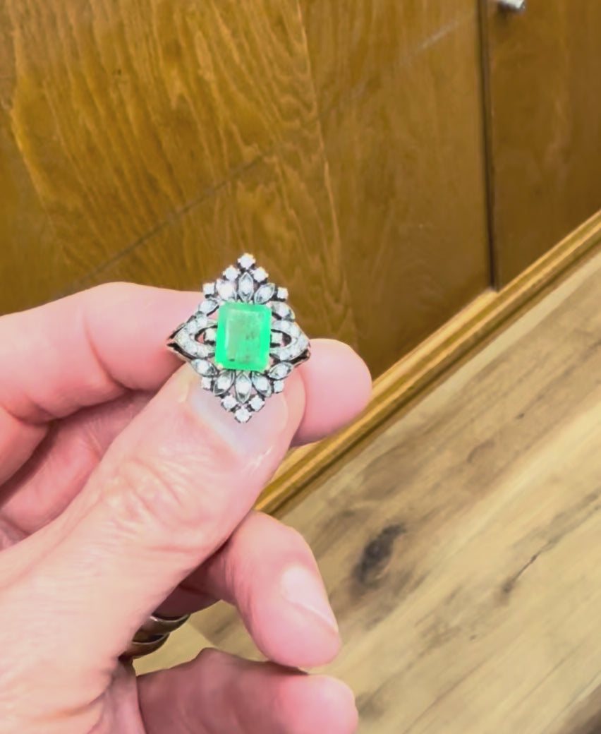 Vintage Emerald and Diamond Ring Silver and 14k Yellow Gold