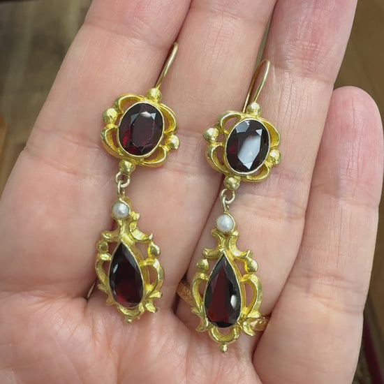 Vintage Garnet Pearl Drop Earrings 14k Yellow Gold