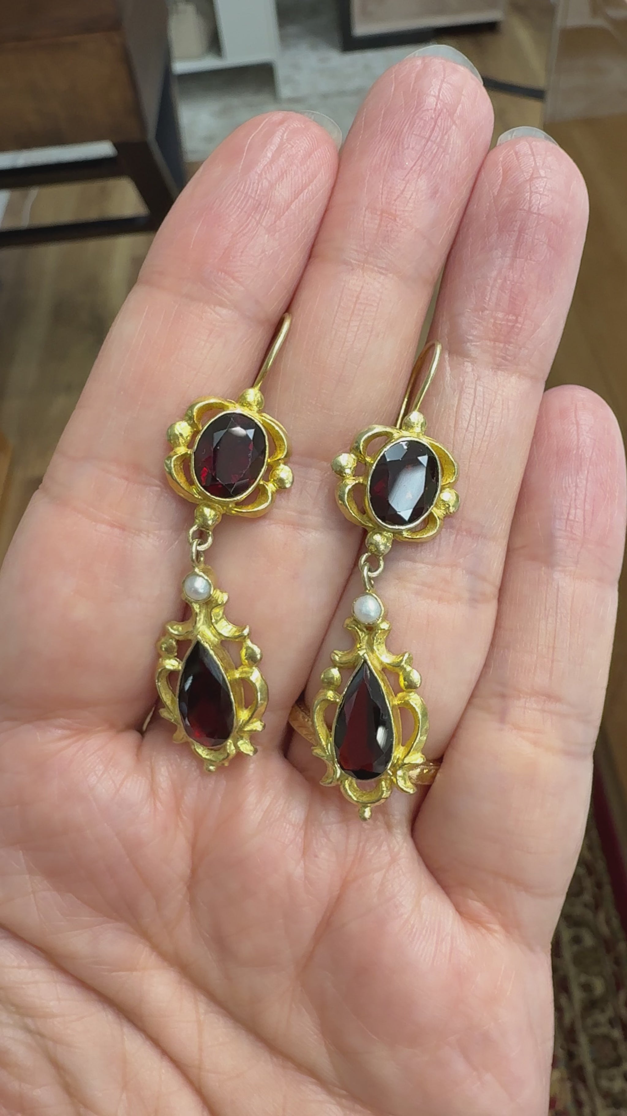 Vintage Garnet Pearl Drop Earrings 14k Yellow Gold