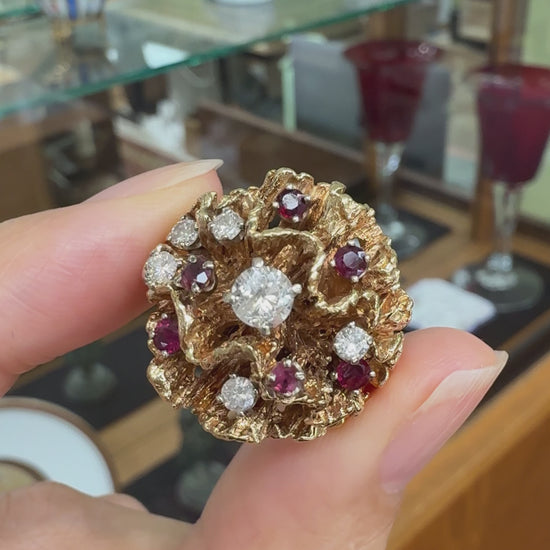 Vintage 1960's Diamond and Spinel Brutalist Dome Ring 14k Gold