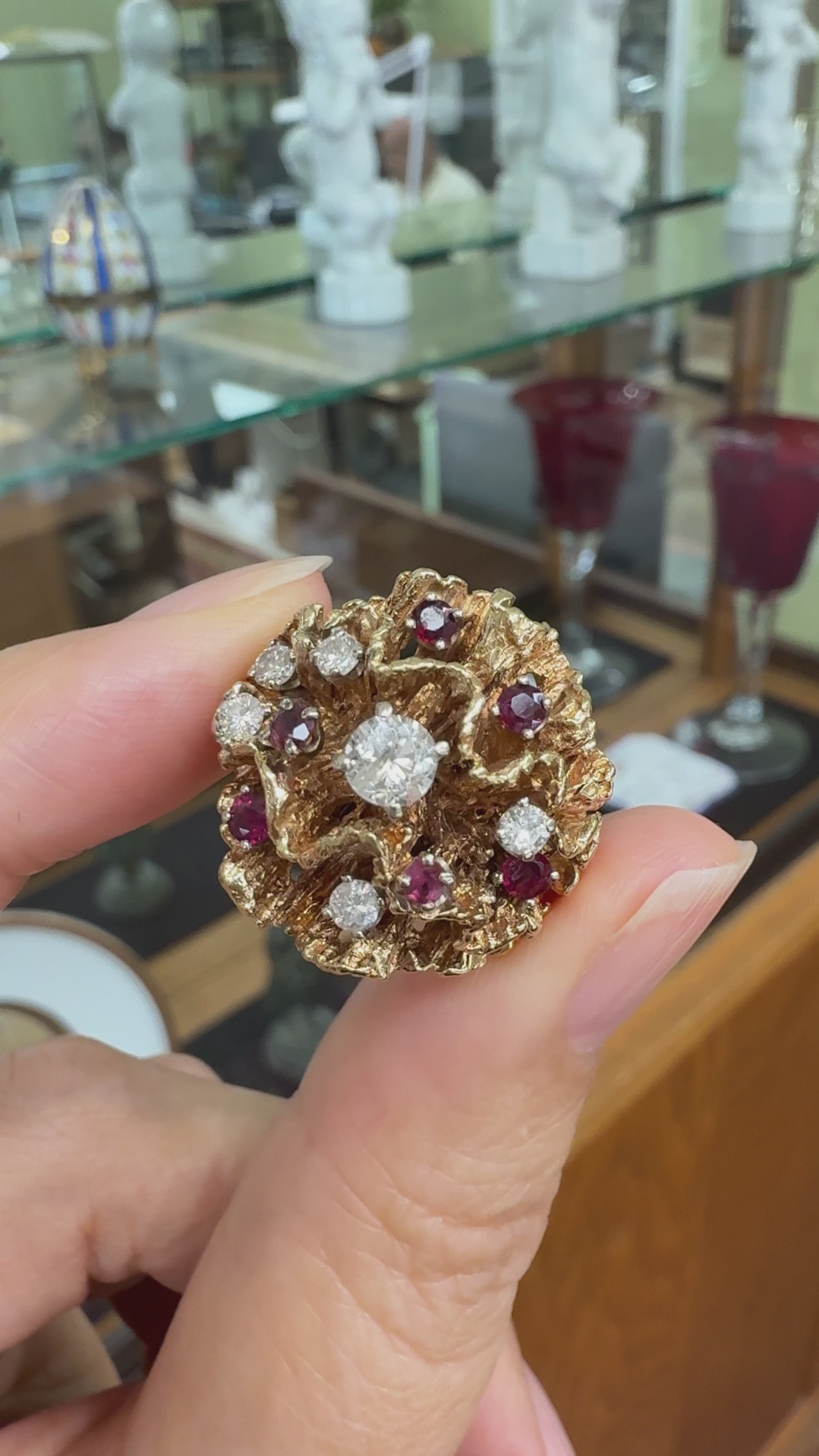 Vintage 1960's Diamond and Spinel Brutalist Dome Ring 14k Gold