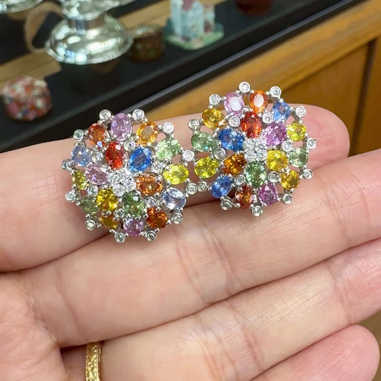 Multi-Color Sapphire and Diamond Cluster Earrings 18k White Gold