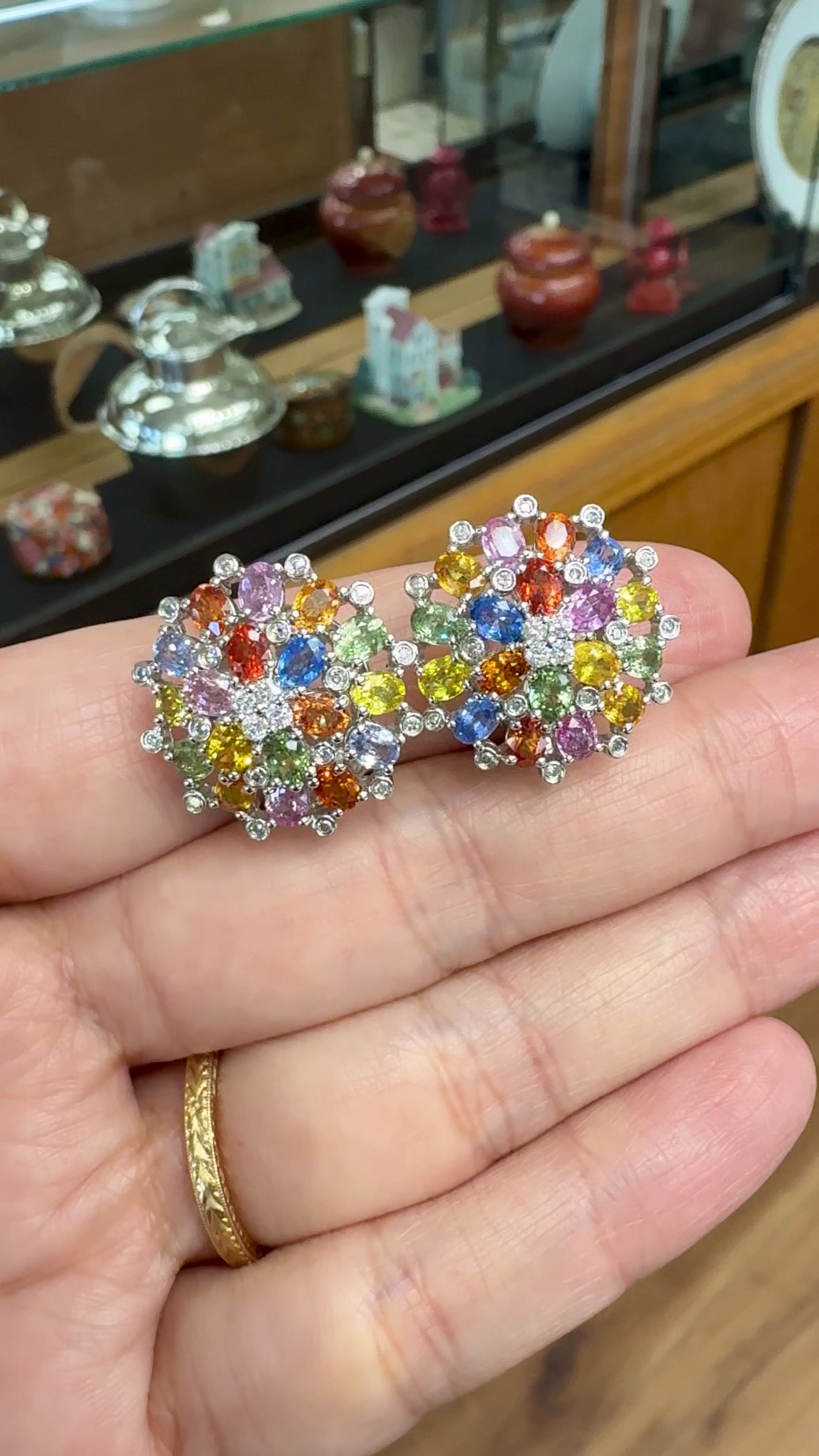 Multi-Color Sapphire and Diamond Cluster Earrings 18k White Gold