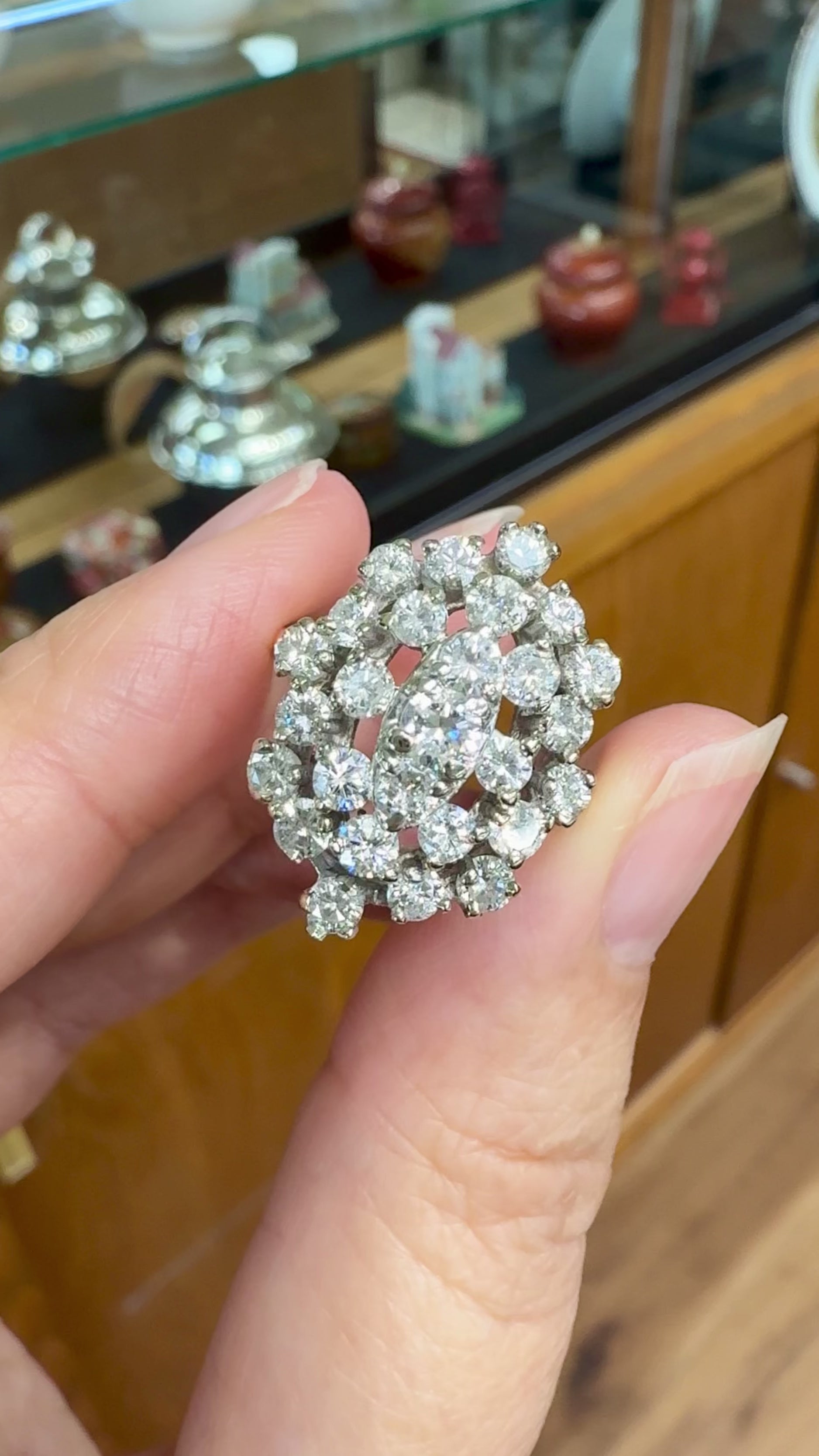 1980's Vintage Diamond Cluster Statement Ring 14k White and Yellow Gold