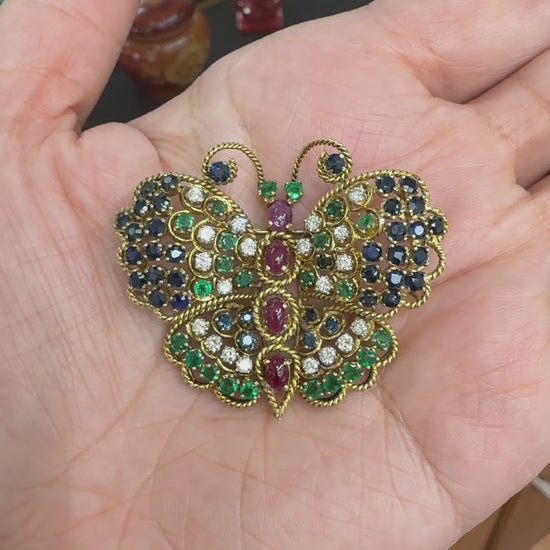 Vintage 1960's Diamond Emerald and Ruby Butterfly Brooch 14k Yellow Gold