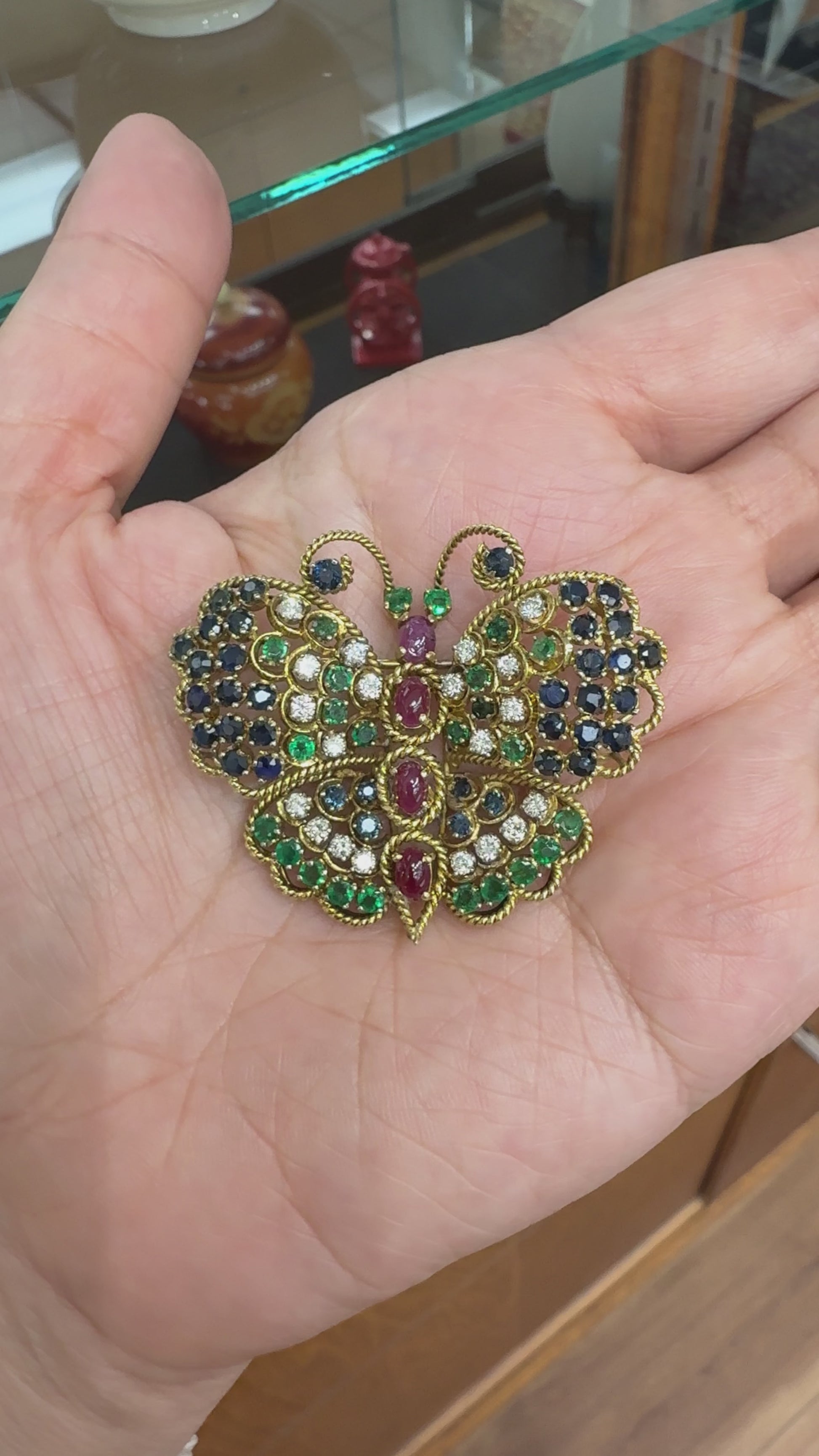 Vintage 1960's Diamond Emerald and Ruby Butterfly Brooch 14k Yellow Gold