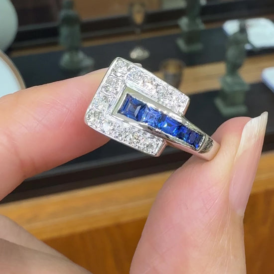 1950's Sapphire and Transitional Diamond Buckle Ring 14k White Gold