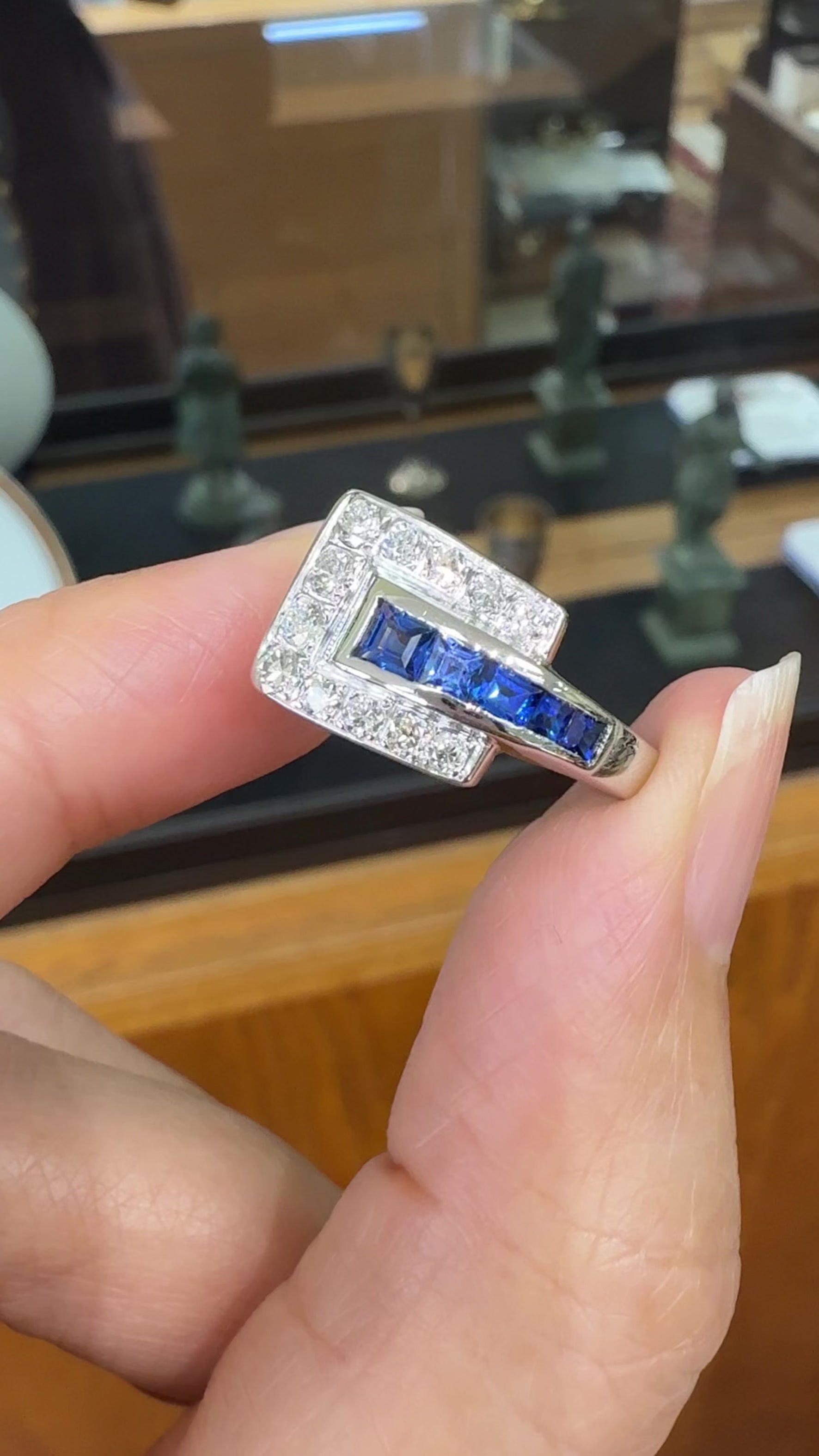 1950's Sapphire and Transitional Diamond Buckle Ring 14k White Gold