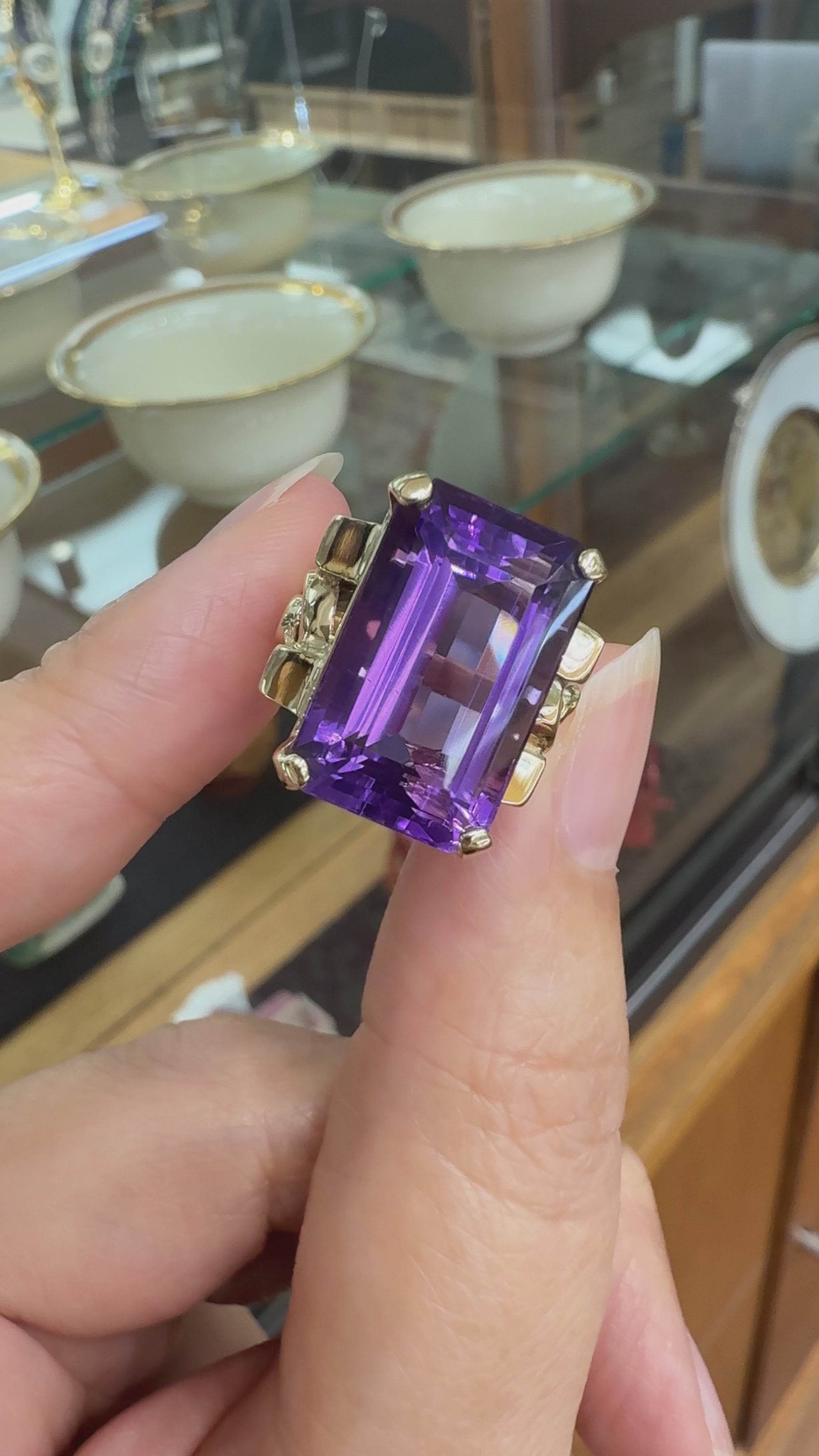 Vintage 1950's Retro Emerald Cut Amethyst Statement Ring 14k Yellow Gold
