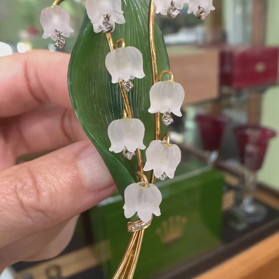 1960's Jul. Hugler Lily of the Valley Jade & Rock Crystal Diamond Brooch 18k
