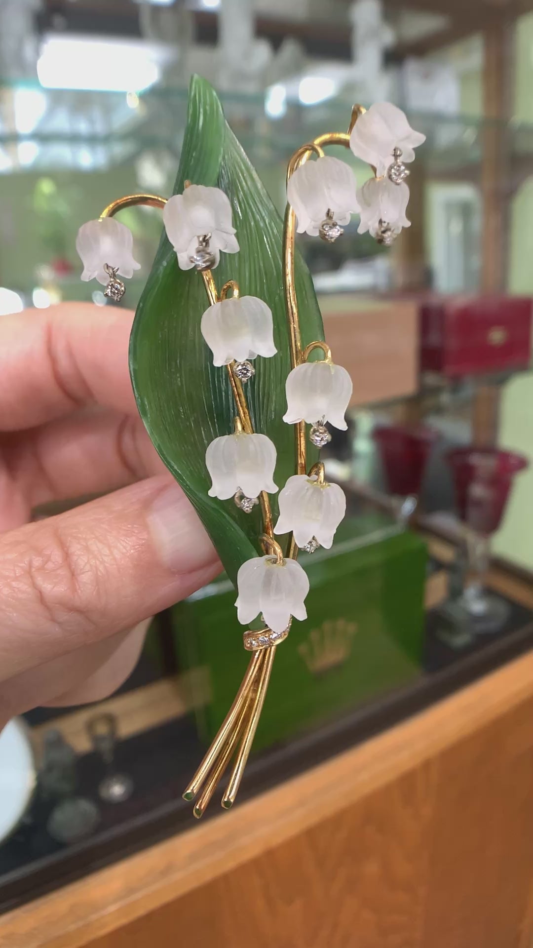 1960's Jul. Hugler Lily of the Valley Jade & Rock Crystal Diamond Brooch 18k