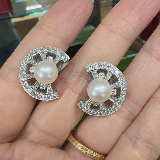 Vintage 1950's Pearl and Diamond Crescent Clip On Earrings 14k White Gold