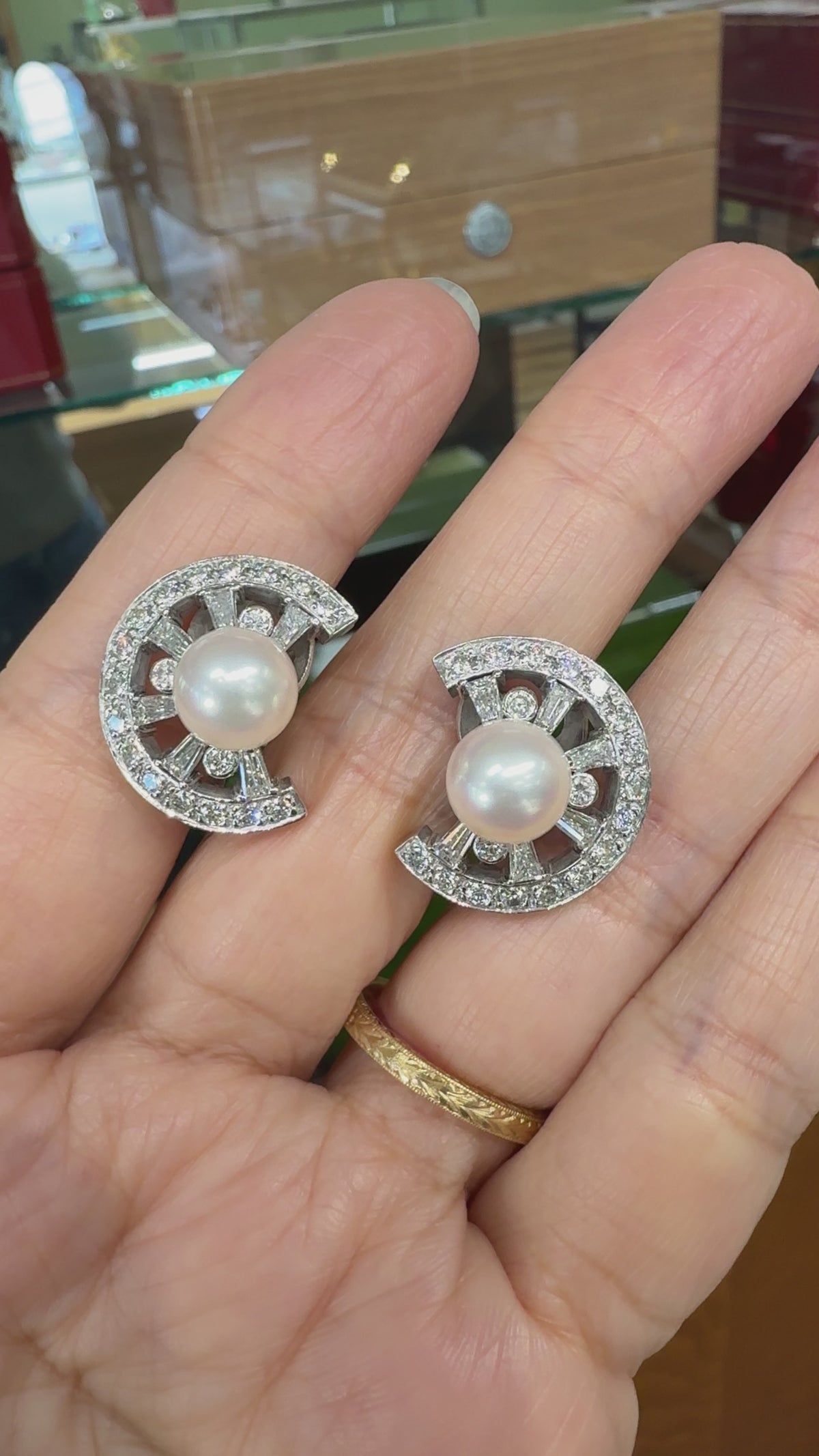 Vintage 1950's Pearl and Diamond Crescent Clip On Earrings 14k White Gold