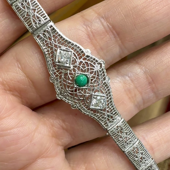 1930's Art Deco Filigree Turquoise and Old European Diamond Bracelet 14k WG