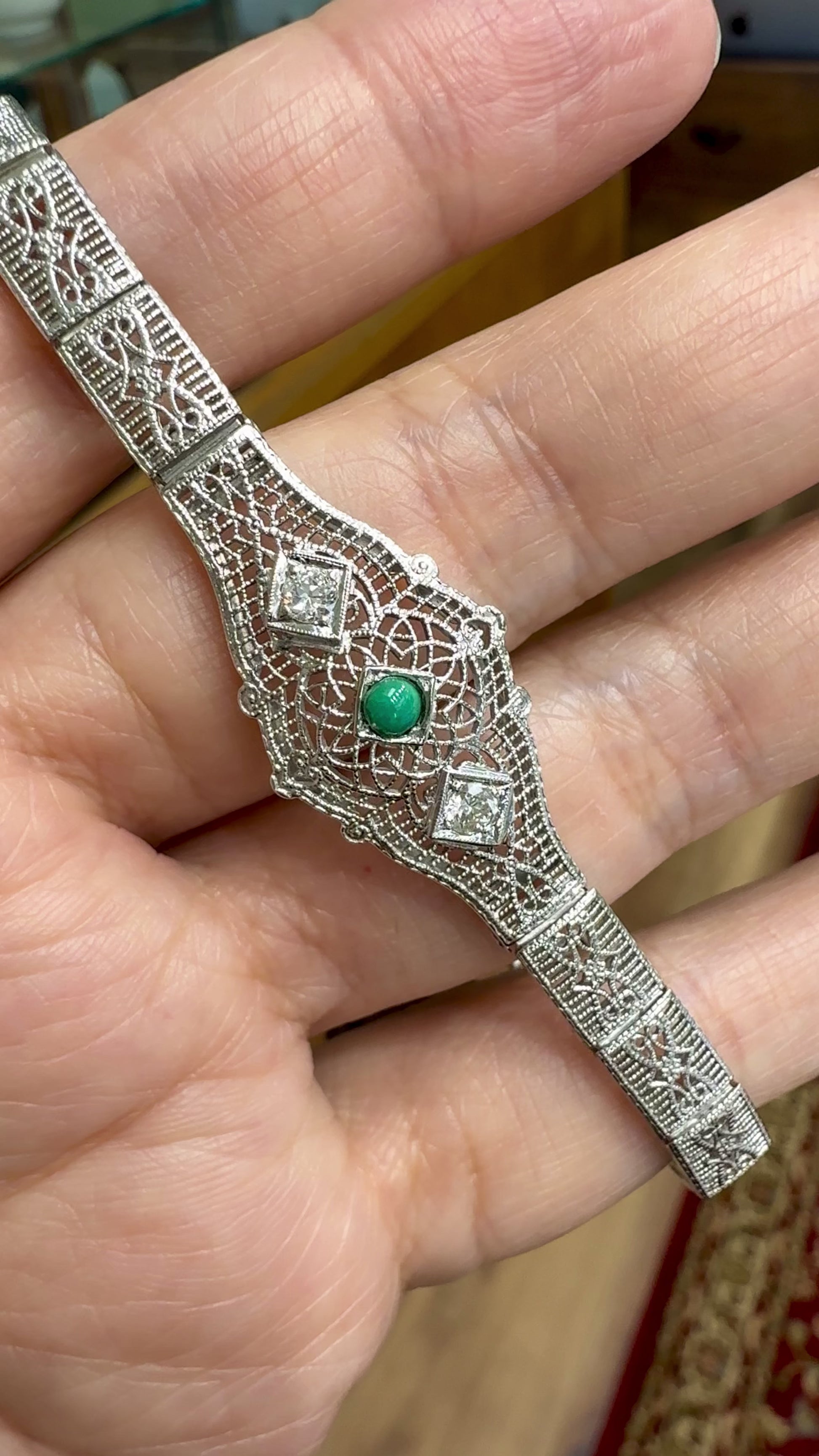1930's Art Deco Filigree Turquoise and Old European Diamond Bracelet 14k WG