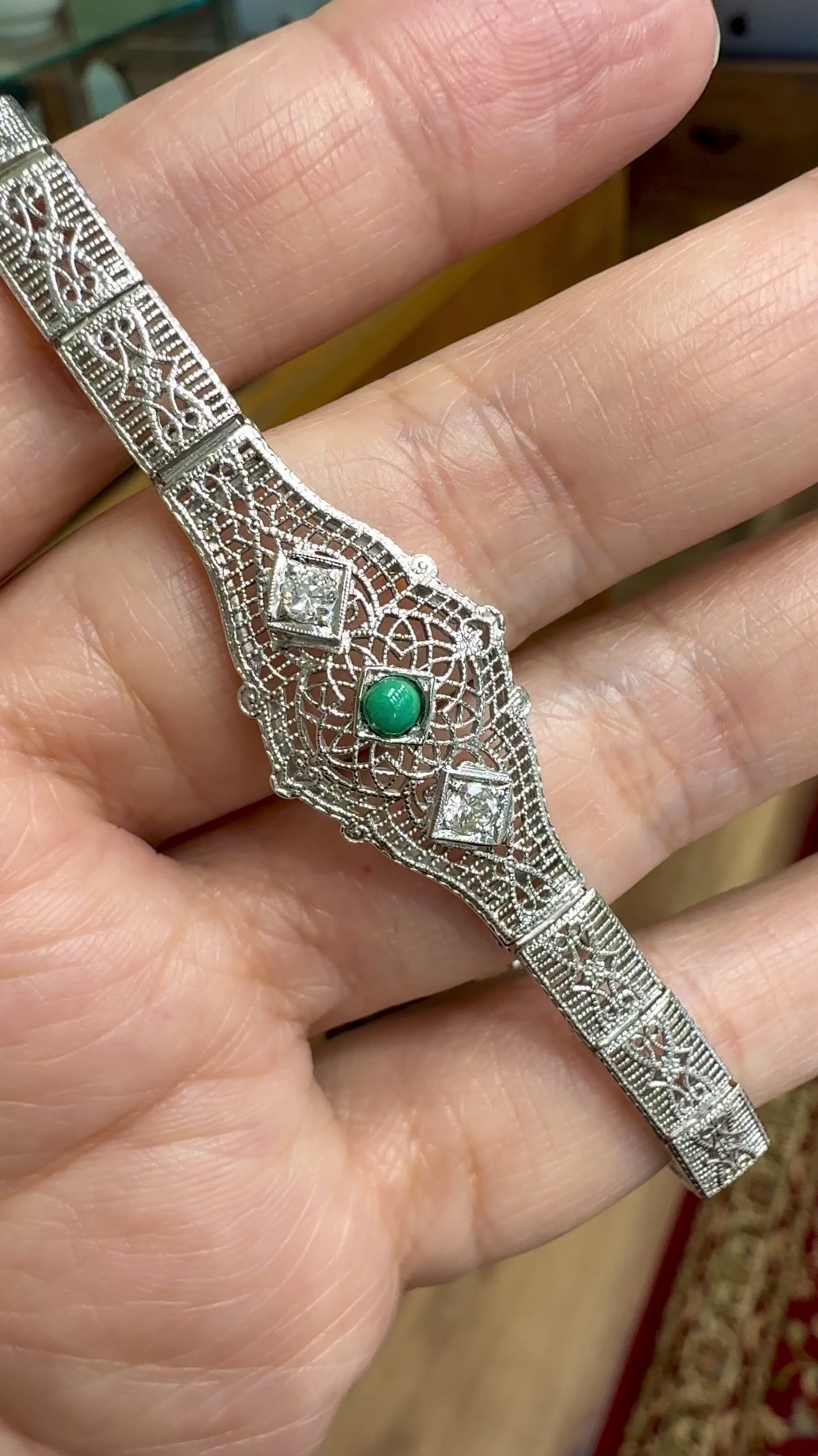 1930's Art Deco Filigree Turquoise and Old European Diamond Bracelet 14k WG