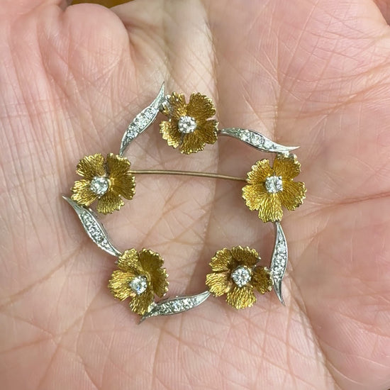 Vintage Floral Diamond Brooch 18k Two Tone Gold