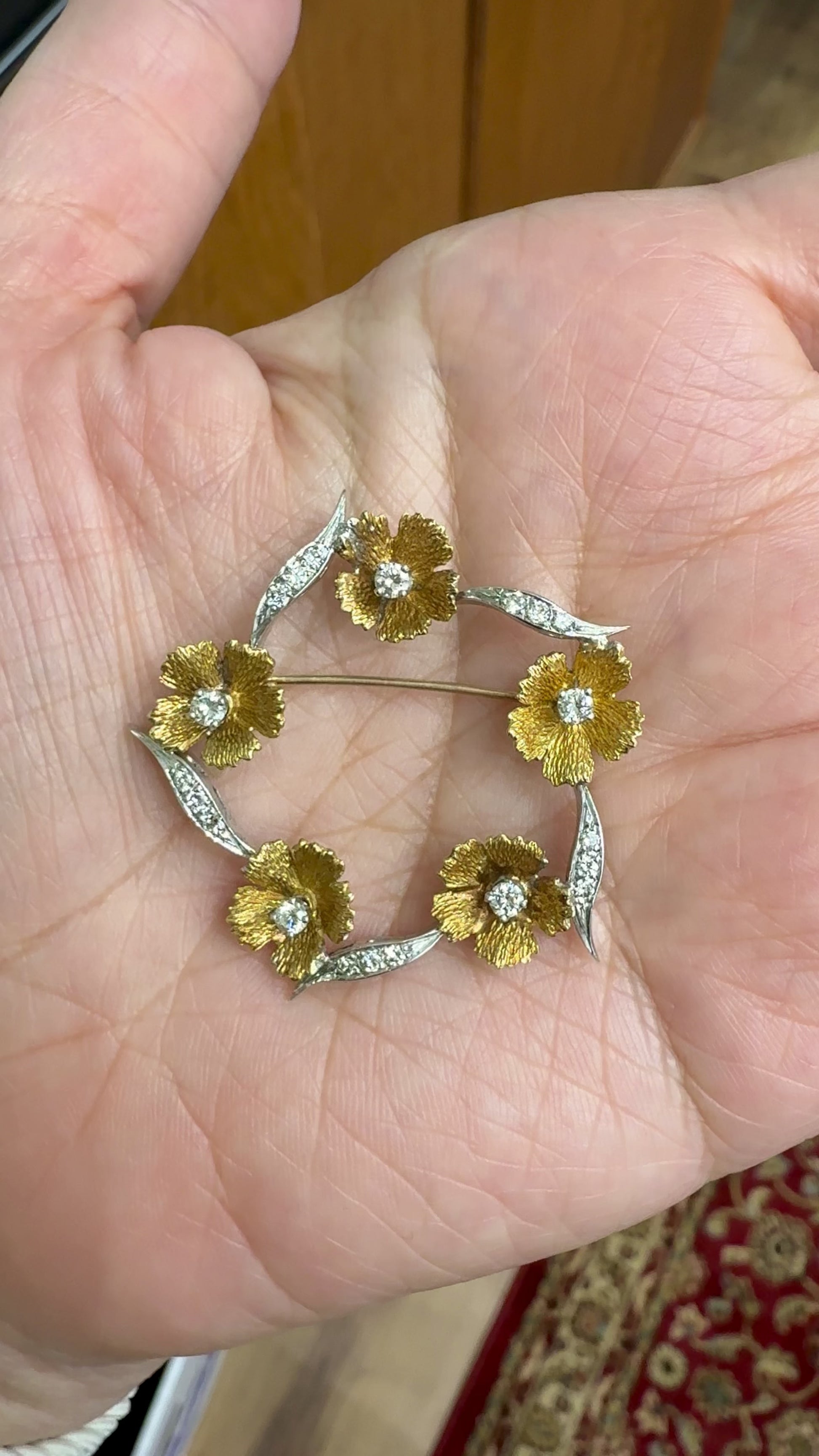 Vintage Floral Diamond Brooch 18k Two Tone Gold