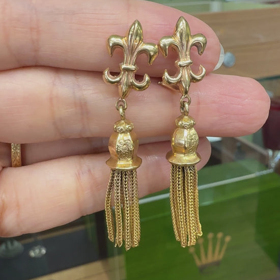 1950's Vintage Fleur-De-Lis Fringe Tassel Clip on Earrings 14k
