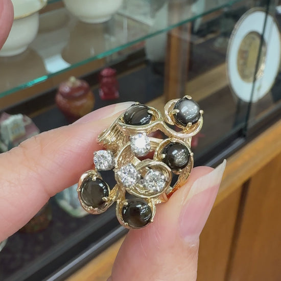 Vintage 1970's Black Star Sapphire and Diamond Ring 14k Yellow Gold