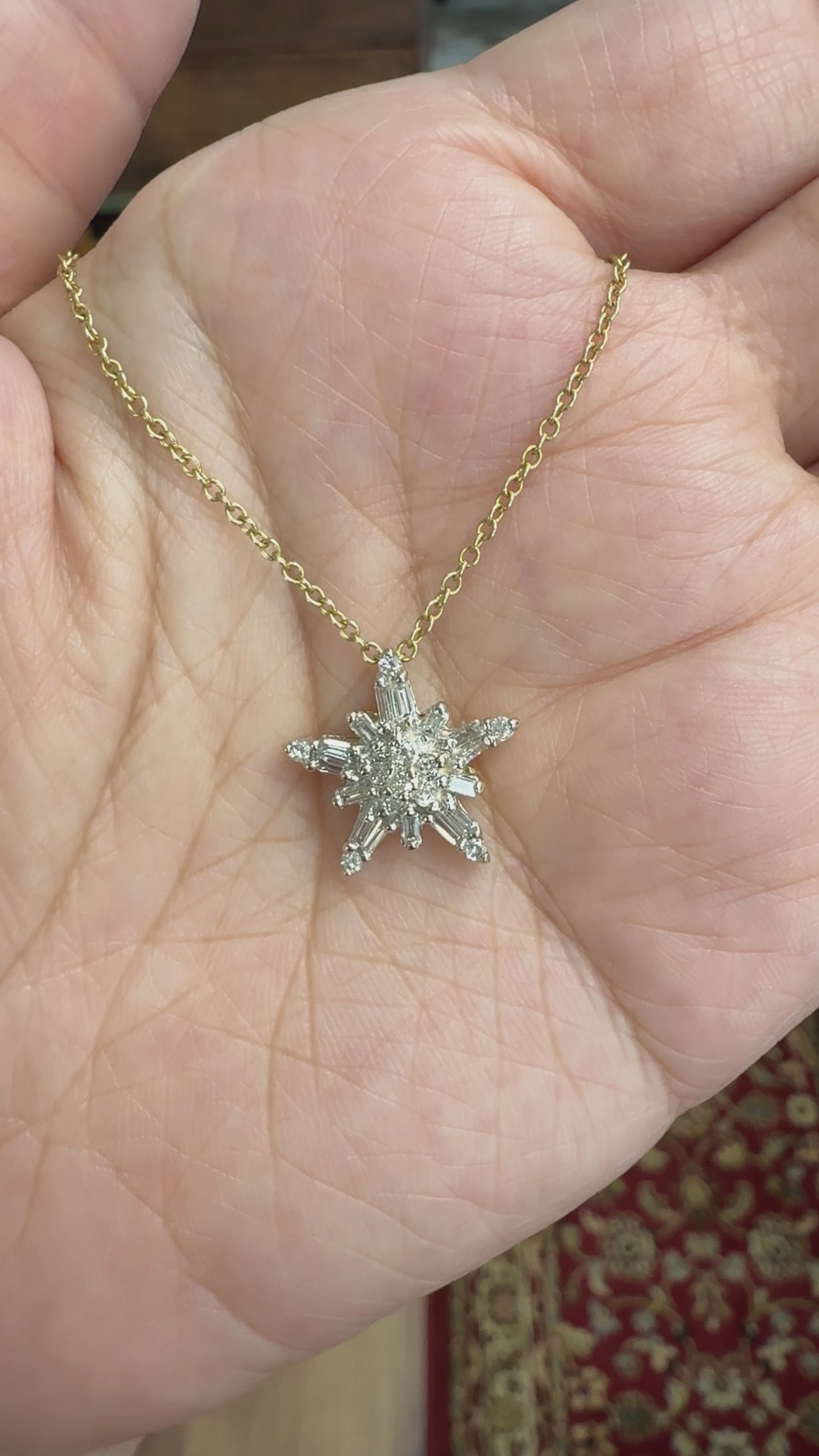 Diamond Star Cluster Necklace 14k White and Yellow Gold