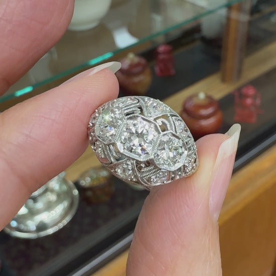 Antique 1925 Art Deco Diamond Bombe Ring Platinum