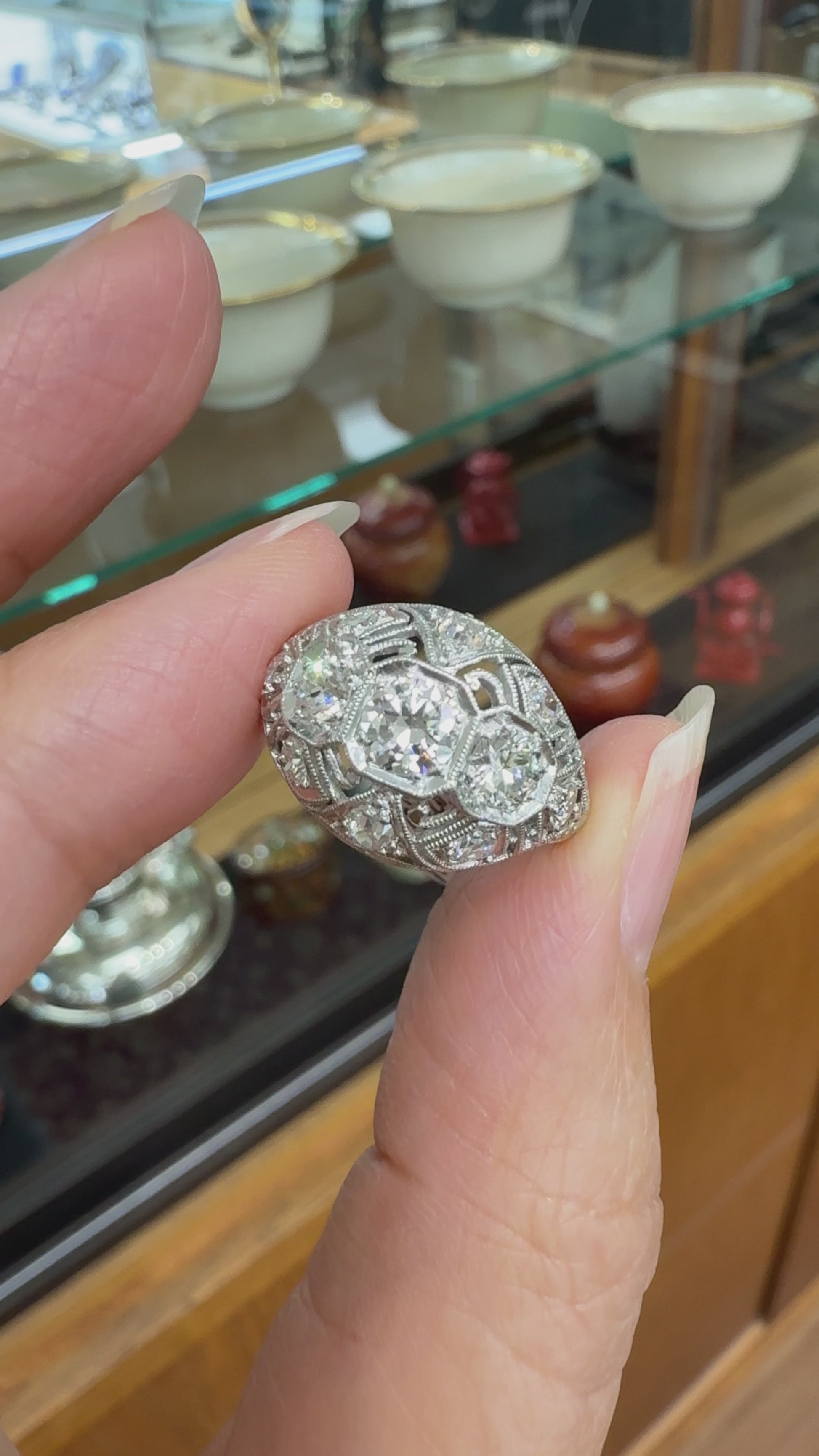 Antique 1925 Art Deco Diamond Bombe Ring Platinum