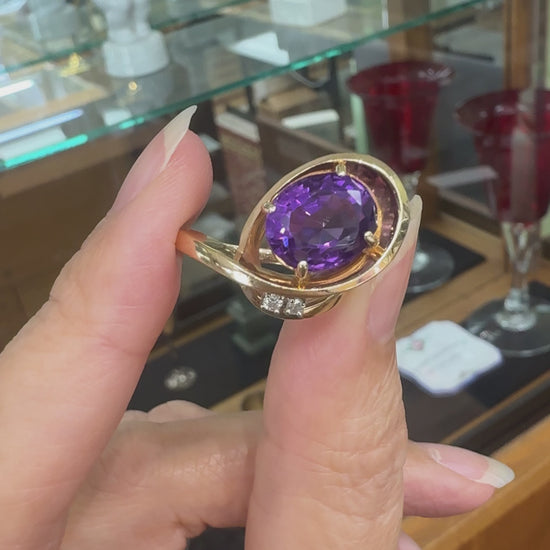 Vintage Amethyst and Diamond Modernist Bypass Swirl Ring 14k Yellow Gold