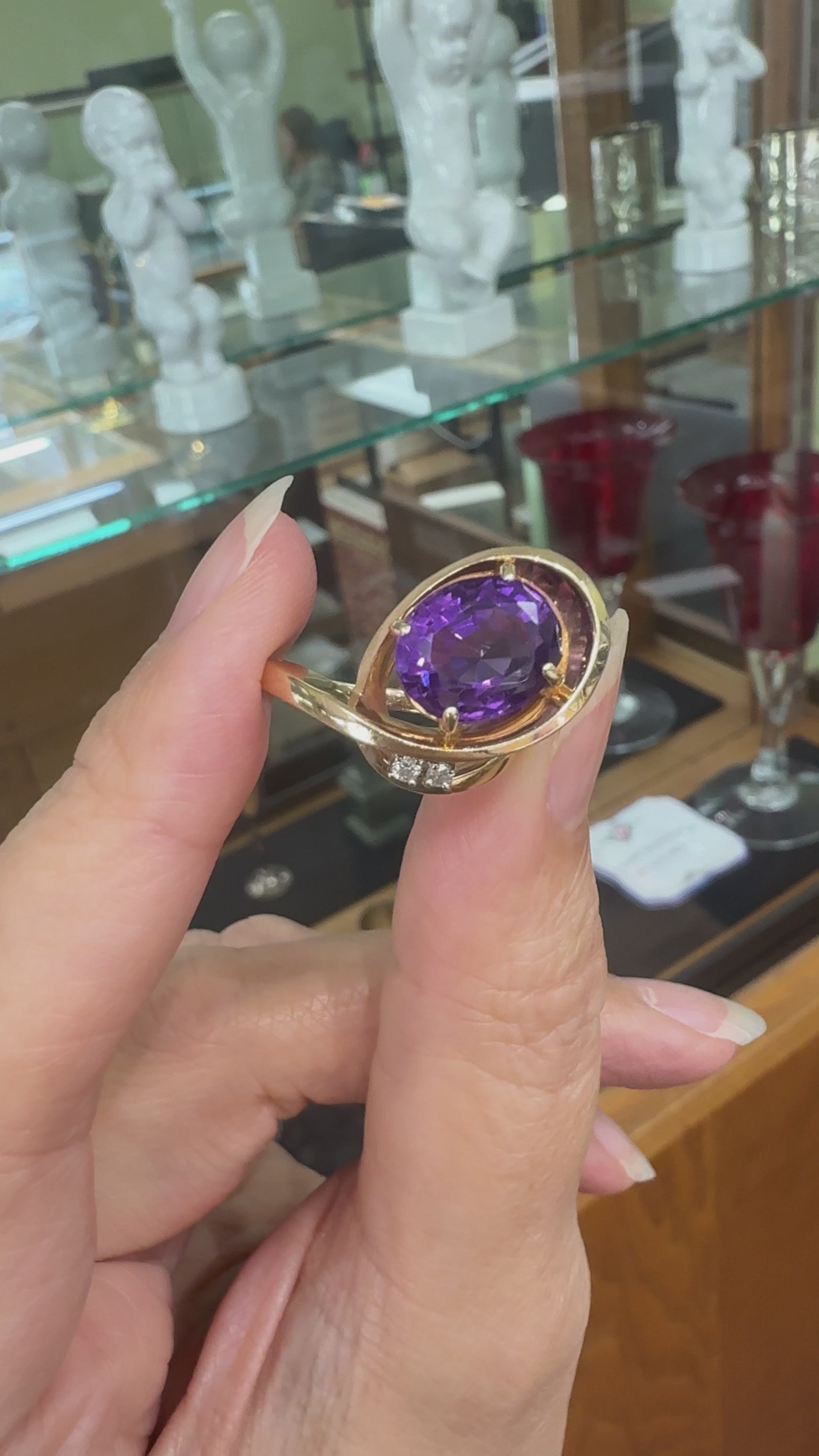 Vintage Amethyst and Diamond Modernist Bypass Swirl Ring 14k Yellow Gold