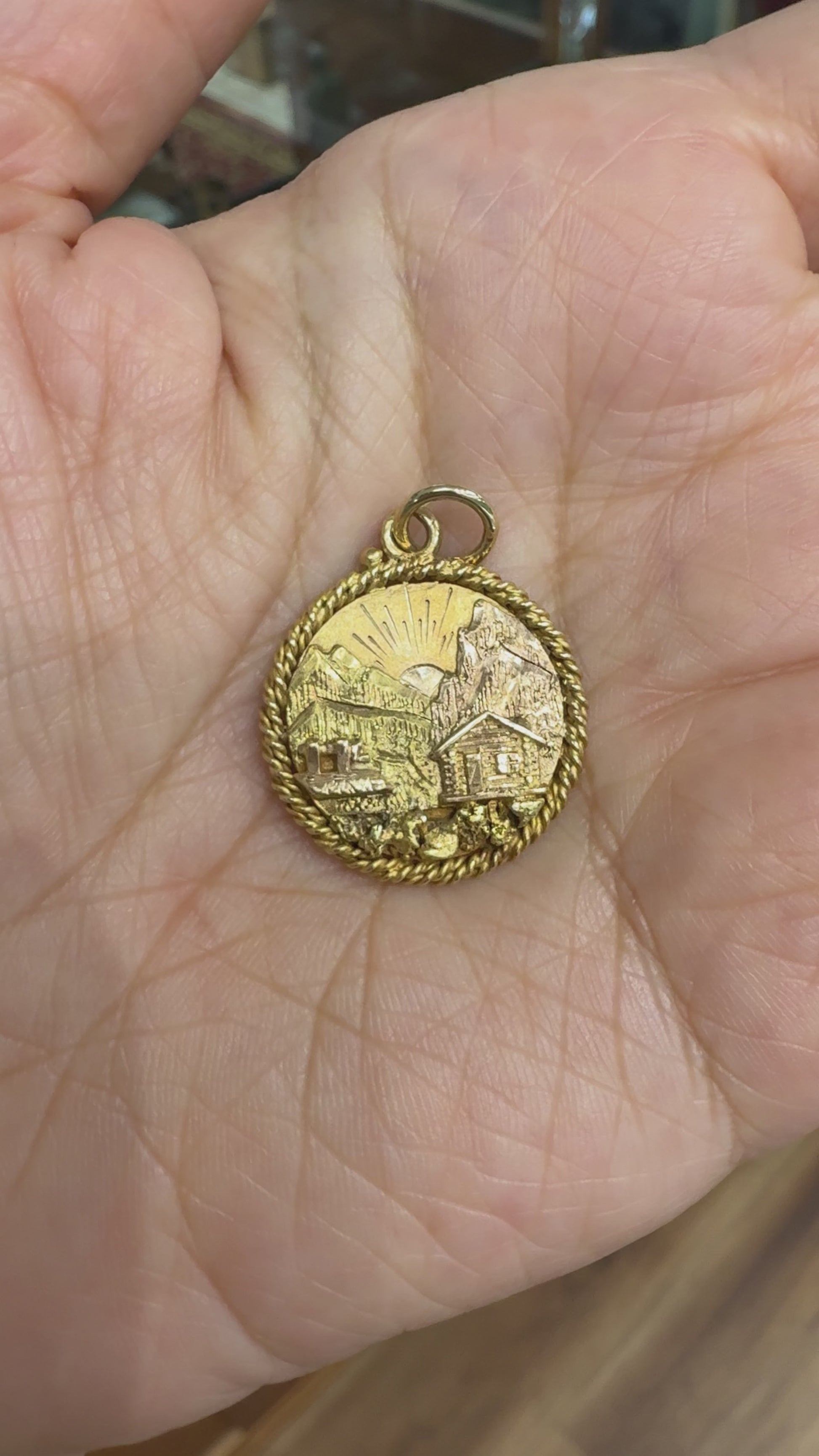 Antique Alaska Log Cabin Gold Nugget Pendant 14k Gold