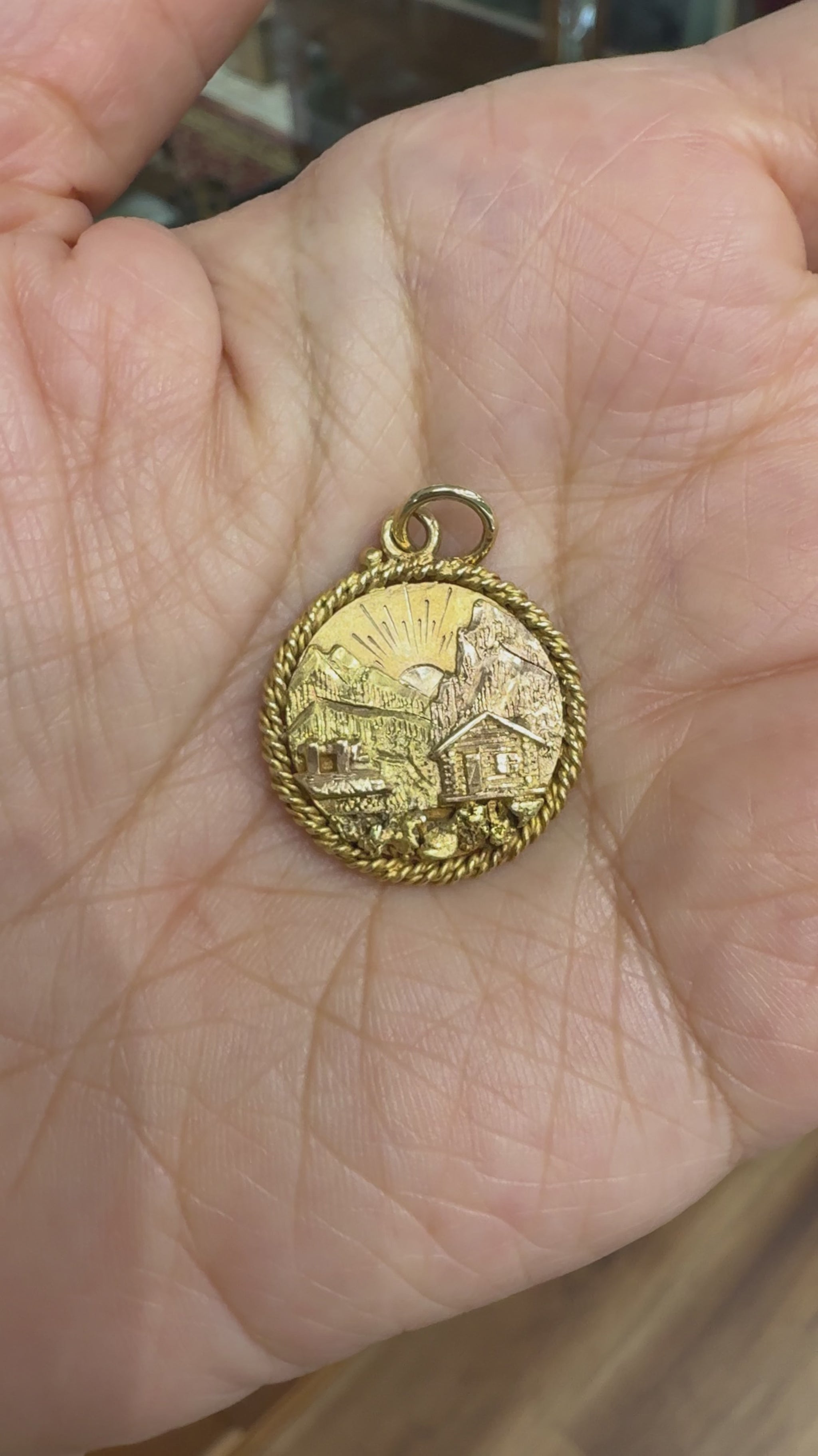 Antique Alaska Log Cabin Gold Nugget Pendant 14k Gold